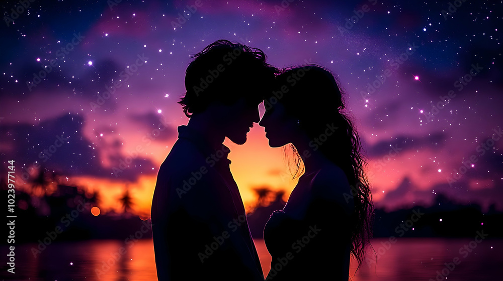 Canvas Prints Silhouette of a couple against a colorful sunset sky.