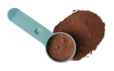 Protein powder and scoop isolated on white, top view