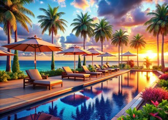 Fototapeta premium Charming hotel pool area features plush lounges and colorful umbrellas, perfectly positioned to enjoy breathtaking beach vistas while soaking up the sun's warmth.