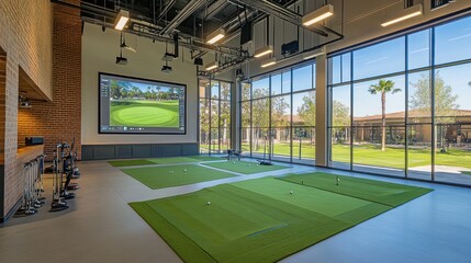Indoor golf simulator room with a large screen displaying a golf course, four putting greens, a bar and a view of a golf course through large windows.