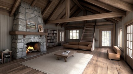 Fototapeta premium Cozy wooden living room with a fireplace, bookshelves, and natural light.