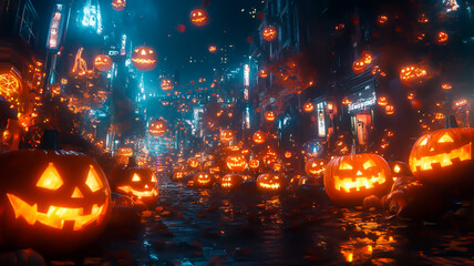 ジャック・オ・ランタンが街を埋め尽くすサイバーパンクハロウィン / Cyberpunk Halloween with Streets Full of Jack-o'-Lanterns generative AI