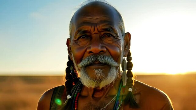 An elderly man with a braided beard stands in a sunlit desert, symbolizing wisdom, tradition, and resilience in a natural setting.