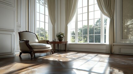 Fototapeta premium Elegant room with a vintage chair and large windows, bathed in natural light.