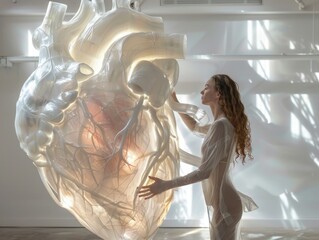 Life-sized translucent figure touching a glowing heart titled "Heart Stopper," with flowing ribbons and glowing veins of light, creating a surreal connection between life and emotion
