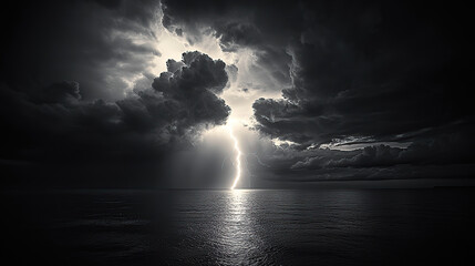 A lightning bolt striking the sea, illuminating dark clouds over an ocean in monochrome