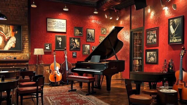 A grand piano sits in a dimly lit room with red walls, surrounded by instruments and artwork
