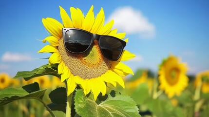 A cheerful blooming sunflower wearing stylish sunglasses stands in a vibrant field, capturing the essence of summer joy, nature's beauty, creating a playful, lively atmosphere that delights the senses