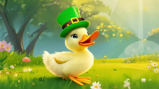 Happy cartoon duckling in a green leprechaun hat in a sunny meadow, adding joy and whimsy to St. Patrick's Day