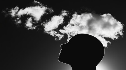 Obraz premium Silhouette of a human head surrounded by a cloud, symbolizing the connection between thoughts and creativity, capturing the essence of imagination, introspection in a minimalist yet impactful design