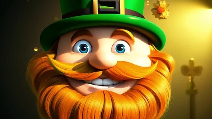 Smiling cartoon leprechaun face with a green hat and red beard, symbolizing St. Patrick's Day charm and joy
