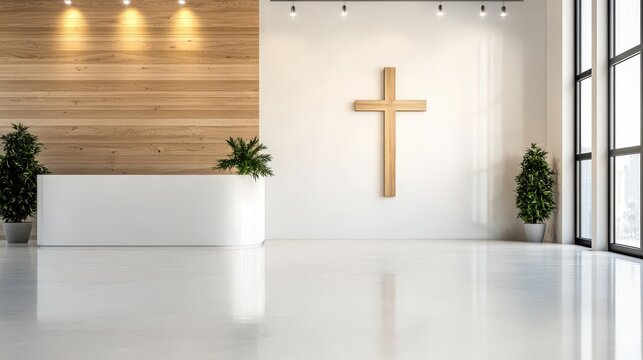 A festive office scene with a large Christmas cross displayed prominently on the wall.