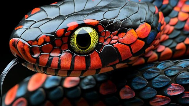 A close-up of a red and black coral snake with its tongue out, showing its intricate scales and bright yellow eye