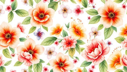 Beautiful seamless floral pattern with watercolor summer flowers. Stock illustration isolated with white highlights, png
