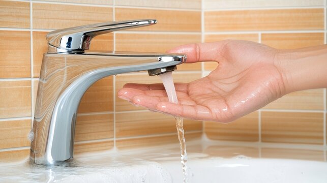 Save the water concept illustrated by a hand closing the bathroom sink valve, stopping dripping water by turning off the faucet during Detect-a-Leak week to promote water conservation - Powered by Adobe