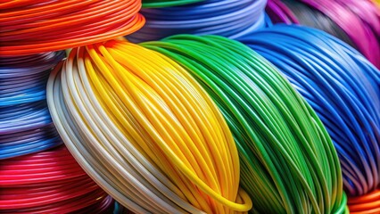 A closeup reveals an array of bright, multicolored plastic filaments for 3D printing, offering diverse shades and textures to enhance any creative project.