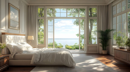 Fototapeta premium Bedroom Design with Ocean View and Large Windows