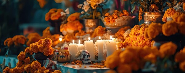 Fototapeta premium Vibrant altar decorated with marigold flowers, candles, and offerings in celebration of life and remembrance during festive rituals.