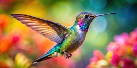 Fototapeta premium Closeup of a Flying Hummingbird in Vibrant Nature, Capturing the Beauty of Wildlife Photography
