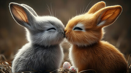 Obraz premium Two adorable rabbits nuzzling in a cozy setting.