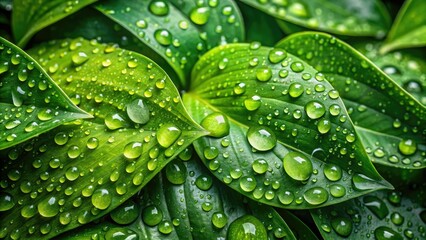 Fototapeta premium Close-up of Fresh Green Leaves with Water Droplets, Nature's Beauty Captured in Vibrant Textures