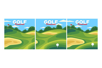 Fototapeta premium golf course with sand trap, ball on tee, hole and flag square background vector illustration collection for golf club sport and tournament banner, poster, wallpaper and social media