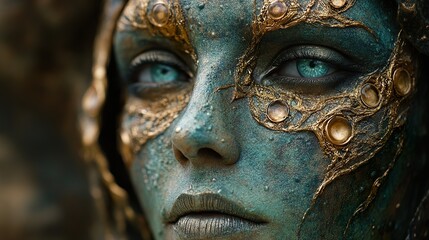 Close-Up Portrait of a Woman with Golden and Blue Makeup