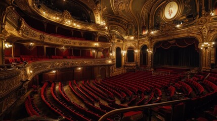 Obraz premium A grand, ornate theater with red velvet seats and a stage. The interior is decorated with gold accents and intricate carvings.