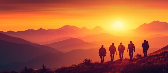 Naklejka premium Silhouettes of Hikers at Sunset over Mountain Range