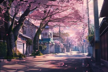 Quiet residential street lined with cherry blossom trees. Springtime in a suburban Japanese neighborhood.