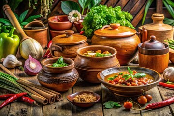 Fototapeta premium A cozy Thai kitchen filled with clay pots, wooden utensils, and fresh ingredients, inviting you to create traditional dishes bursting with rich flavors and aromas.