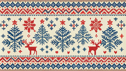 Scandinavian Christmas patterns. Decorative element. Christmas red pattern from traditional details of a fir tree, deer and snowflakes close-up. Holiday gift. background