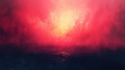 A dramatic, fiery sunset sky reflected in a still body of water, creating a haunting and ethereal atmosphere.