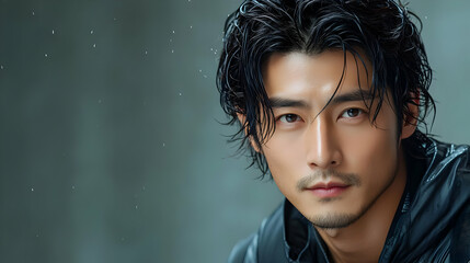 Close-up portrait of a man with wet hair against a textured backdrop.