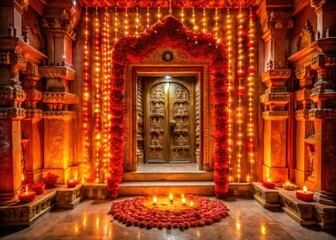 Fototapeta premium Adorned with vivid red garlands and illuminating diyas, the temple door exudes a peaceful spiritual vibe, welcoming all into a realm of tranquility and contemplation.