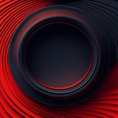 Abstract design featuring swirling red and black patterns with a central circular void.