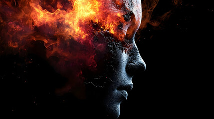 A surreal profile of a person with fiery elements emerging.