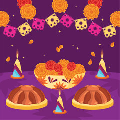 Dia de los Muertos offering with flowers, candles, and gely Vector