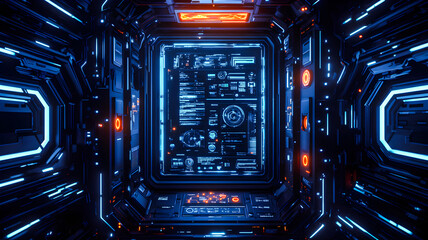 technological panel of a spaceship with screens and buttons, blue and orange, scifi, futuristic, modern, hud design, conceptual