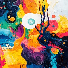 A vibrant abstract painting featuring bold colors and swirling shapes, evoking emotion and creativity.