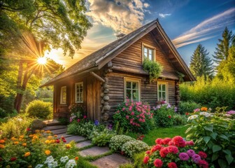 Fototapeta premium Cozy Country Cottage in Emerald Green Landscape - Tranquil Retreat