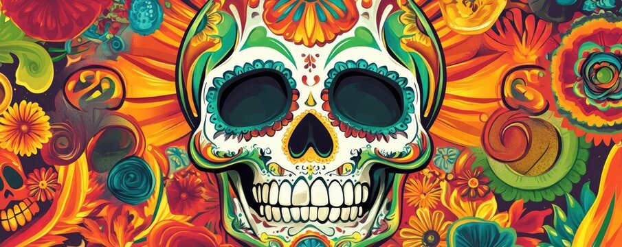 Vibrant sugar skull artwork featuring colorful flowers and intricate designs, celebrating life and tradition.