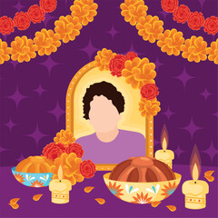 Dia de los Muertos altar with photo, marigolds, and candles Vector
