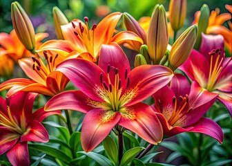 Stunning Asiatic lily blossoms showcased in brilliant hues, illuminated by natural light, perfect for capturing the beauty of floral photography and nature's artistry.