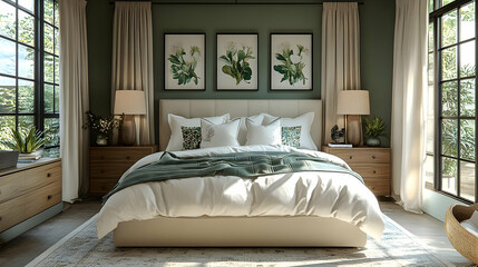 Modern Bedroom Design with Green Walls and White Bedding