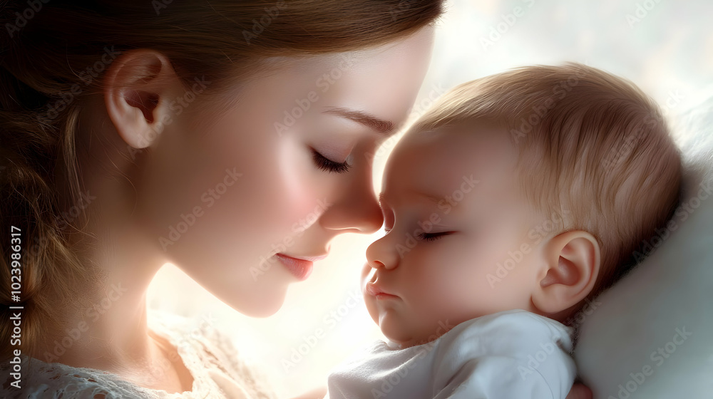 Canvas Prints A tender moment between a mother and her sleeping baby.