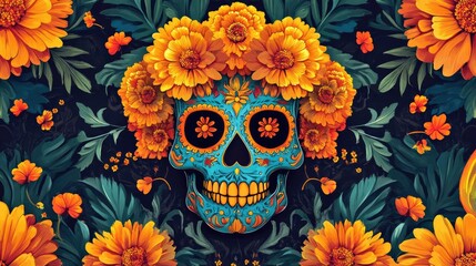 Vibrant skull decoration with marigold flowers, embodying Mexican culture and celebrating life and death in colorful art.