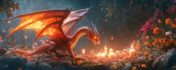 A majestic dragon rests amidst glowing candles and vibrant flowers in an enchanted forest setting, radiating magical warmth.