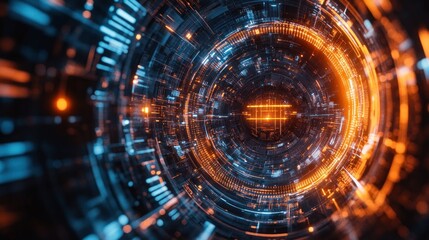 Obraz premium A futuristic, abstract image of a glowing orange and blue circular tunnel with digital details.