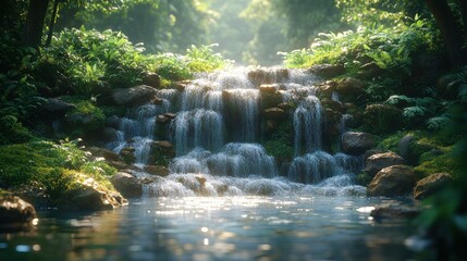 A serene waterfall cascades down moss-covered rocks into a tranquil pool, surrounded by lush greenery and bathed in soft sunlight.